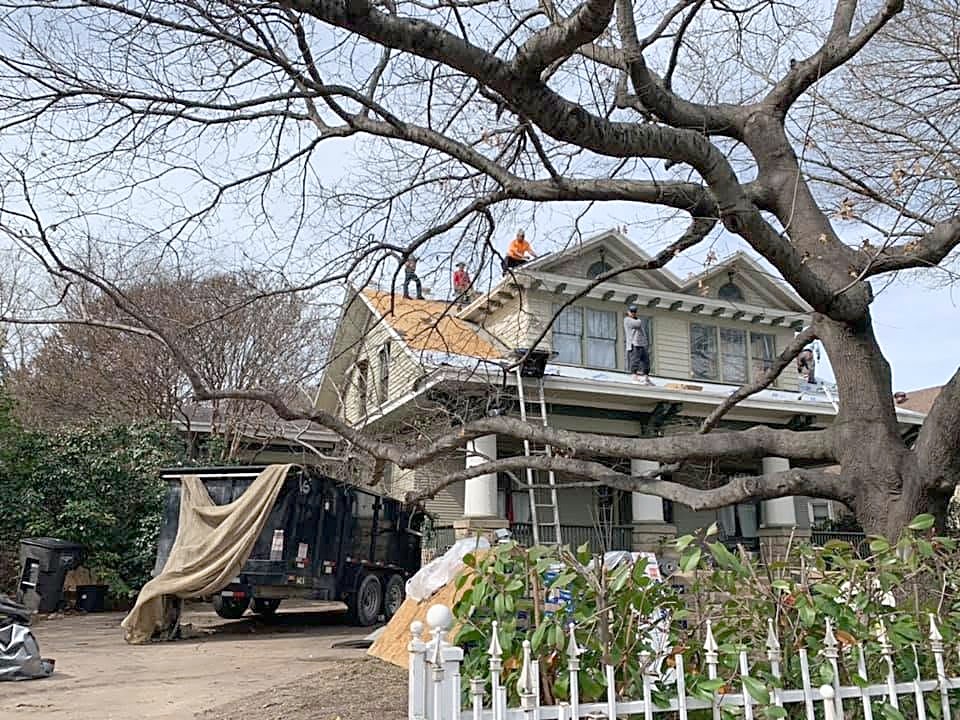 A crew re-roofing a two-story historic craftsman home behind a bare oak, dump trailer in the drive